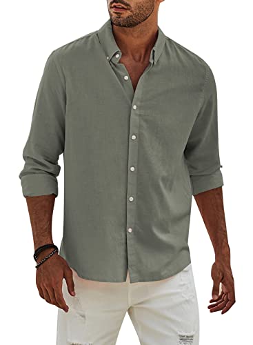 APOONABA Hemd Herren Buissnes Leinenhemd Freizeithemd Casual Leinen Bluse Langarm Shirts Regular Fit Western Hemden Baumwolle Langarmhemd Frühling Sommer Herbst Grün 2XL von APOONABA