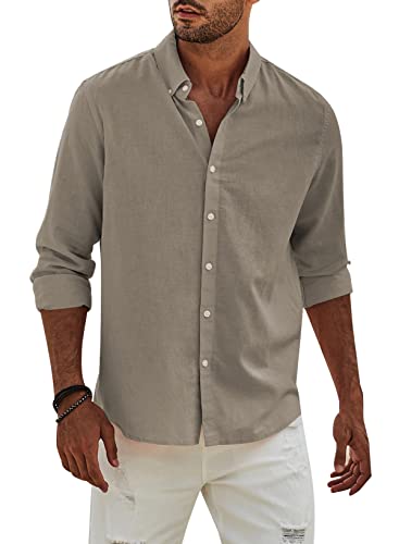 APOONABA Hemd Herren Buissnes Leinenhemd Freizeithemd Casual Leinen Bluse Langarm Shirts Regular Fit Western Hemden Baumwolle Langarmhemd Frühling Sommer Herbst Khaki L von APOONABA