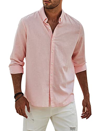 APOONABA Hemd Herren Buissnes Leinenhemd Freizeithemd Casual Leinen Bluse Langarm Shirts Regular Fit Western Hemden Baumwolle Langarmhemd Frühling Sommer Herbst Rosa 2XL von APOONABA