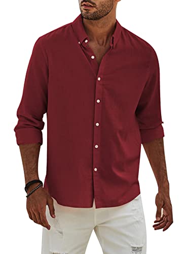 APOONABA Hemd Herren Buissnes Leinenhemd Freizeithemd Casual Leinen Bluse Langarm Shirts Regular Fit Western Hemden Baumwolle Langarmhemd Frühling Sommer Herbst Rot L von APOONABA