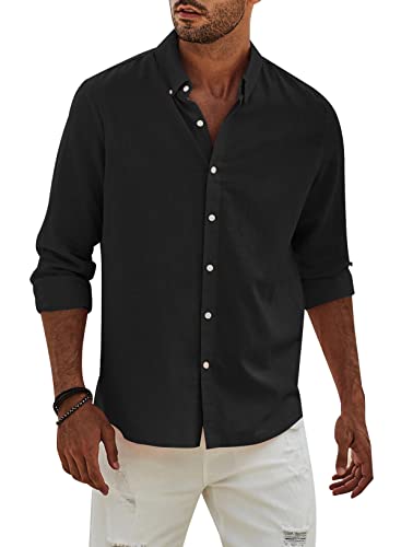 APOONABA Hemd Herren Buissnes Leinenhemd Freizeithemd Casual Leinen Bluse Langarm Shirts Regular Fit Western Hemden Baumwolle Langarmhemd Frühling Sommer Herbst Schwarz M von APOONABA