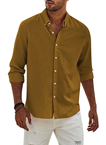 APOONABA Hemd Herren Buissnes Leinenhemd Freizeithemd Casual Leinen Bluse Langarm Shirts Regular Fit Western Hemden Baumwolle Langarmhemd Frühling Sommer Herbst Shirt Braun S von APOONABA