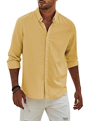 APOONABA Hemd Herren Buissnes Leinenhemd Freizeithemd Casual Leinen Bluse Langarm Shirts Regular Fit Western Hemden Baumwolle Langarmhemd Frühling Sommer Herbst Shirt Gelb 2XL von APOONABA