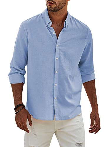 APOONABA Hemd Herren Buissnes Leinenhemd Freizeithemd Casual Leinen Bluse Langarm Shirts Regular Fit Western Hemden Baumwolle Langarmhemd Frühling Sommer Herbst Shirt Himmelblau 2XL von APOONABA