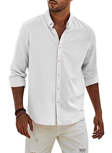 APOONABA Hemd Herren Buissnes Leinenhemd Freizeithemd Casual Leinen Bluse Langarm Shirts Regular Fit Western Hemden Baumwolle Langarmhemd Frühling Sommer Herbst Weiß 2XL von APOONABA