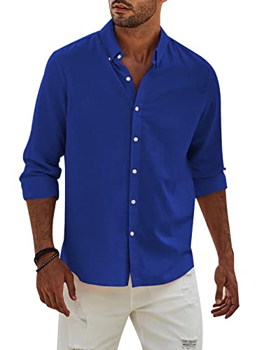 APOONABA Hemd Herren Buissnes Leinenhemd Freizeithemd Casual Leinen Bluse Langarm Shirts Regular Fit Western Hemden Baumwolle Langarmhemd Frühling Sommer Shirt Herbst Blau L von APOONABA