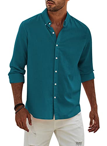 APOONABA Hemd Herren Buissnes Leinenhemd Freizeithemd Casual Leinen Bluse Langarm Shirts Regular Fit Western Hemden Baumwolle Langarmhemd Shirt Frühling Sommer Herbst Blau L von APOONABA