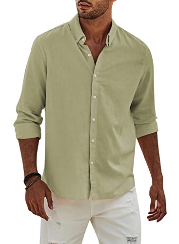 APOONABA Hemd Herren Buissnes Leinenhemd Freizeithemd Casual Leinen Bluse Langarm Shirts Regular Fit Western Hemden Baumwolle Langarmhemd Shirt Frühling Sommer Herbst Grün L von APOONABA