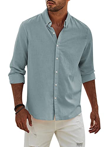 APOONABA Hemd Herren Buissnes Leinenhemd Freizeithemd Casual Leinen Bluse Langarm Shirts Regular Fit Western Hemden Baumwolle Langarmhemd Sommer Herbst Himmelblau 2XL von APOONABA