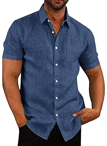 APOONABA Hemd Herren Freizeithemd Einfarbig Kurzarm Shirts Sommer Hemden für Herren Button down Baumwolle Western Bluse Frühling T-Shirts Blau L von APOONABA