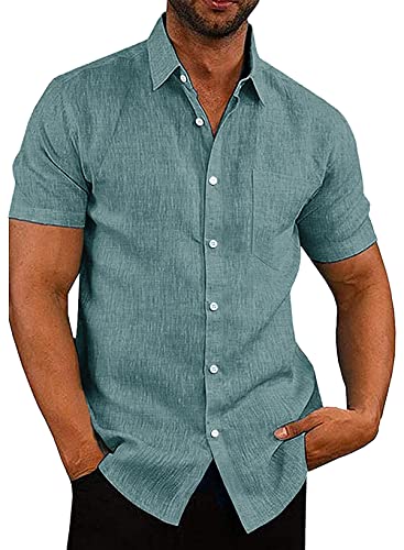 APOONABA Hemd Herren Freizeithemd Einfarbig Kurzarm Shirts Sommer Hemden für Herren Button down Baumwolle Western Bluse Strand Frühling Coton T-Shirt Grün 2XL von APOONABA