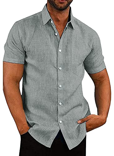 APOONABA Hemd Herren Freizeithemd Einfarbig Kurzarm Shirts Sommer Hemden für Herren Button down Baumwolle Western Bluse Strand Frühling Coton T-Shirts Grau L von APOONABA