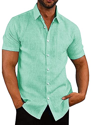 APOONABA Hemd Herren Freizeithemd Einfarbig Kurzarm Shirts Sommer Hemden für Herren Button down Baumwolle Western Bluse Strand Frühling Coton T-Shirts Grün 2XL von APOONABA