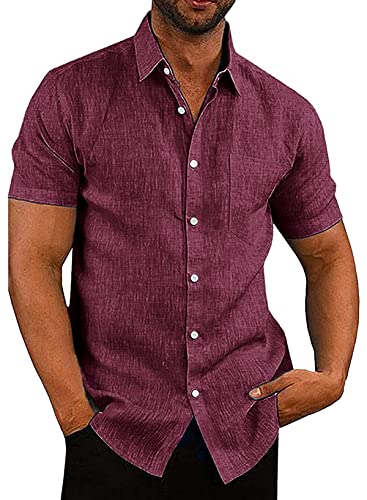 APOONABA Hemd Herren Freizeithemd Einfarbig Kurzarm Shirts Sommer Hemden für Herren Button down Baumwolle Western Bluse Strand Frühling Coton T-Shirts Rot M von APOONABA