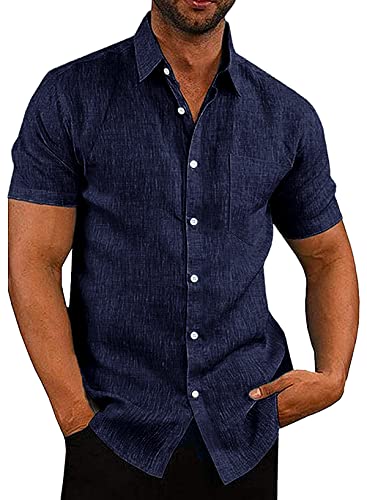 APOONABA Hemd Herren Freizeithemd Einfarbig Kurzarm Shirts Sommer Hemden für Herren Button down Baumwolle Western Bluse Strand Frühling T-Shirts Blau L von APOONABA