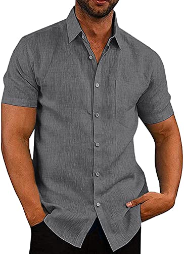 APOONABA Hemd Herren Freizeithemd Einfarbig Kurzarm Shirts Sommer Hemden für Herren Button down Baumwolle Western Bluse Strand Frühling T-Shirts Grau 2XL von APOONABA