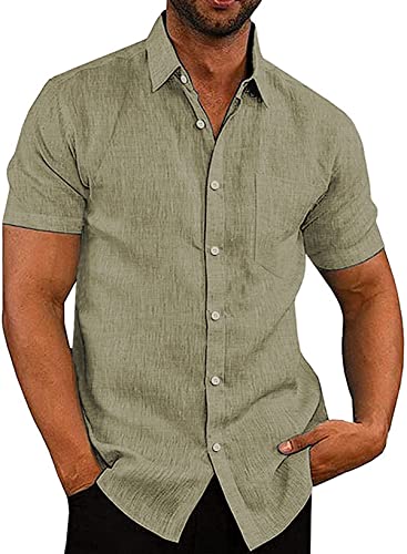 APOONABA Hemd Herren Freizeithemd Einfarbig Kurzarm Shirts Sommer Hemden für Herren Button down Baumwolle Western Bluse Strand Frühling T-Shirts Grün M von APOONABA