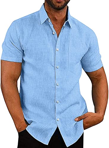 APOONABA Hemd Herren Freizeithemd Einfarbig Kurzarm Shirts Sommer Hemden für Herren Button down Baumwolle Western Bluse Strand Frühling T-Shirts Himmelblau 2XL von APOONABA