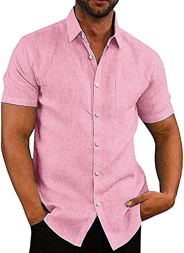 APOONABA Hemd Herren Freizeithemd Einfarbig Kurzarm Shirts Sommer Hemden für Herren Button down Baumwolle Western Bluse Strand Frühling T-Shirts Rosa 2XL von APOONABA