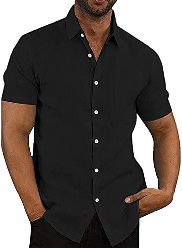 APOONABA Hemd Herren Freizeithemd Einfarbig Kurzarm Shirts Sommer Hemden für Herren Button down Baumwolle Western Bluse Strand Frühling T-Shirts Schwarz 2XL von APOONABA