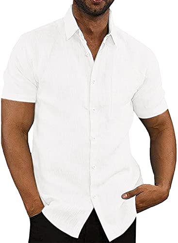 APOONABA Hemd Herren Freizeithemd Einfarbig Kurzarm Shirts Sommer Hemden für Herren Button down Baumwolle Western Bluse Strand Frühling T-Shirts Weiß L von APOONABA