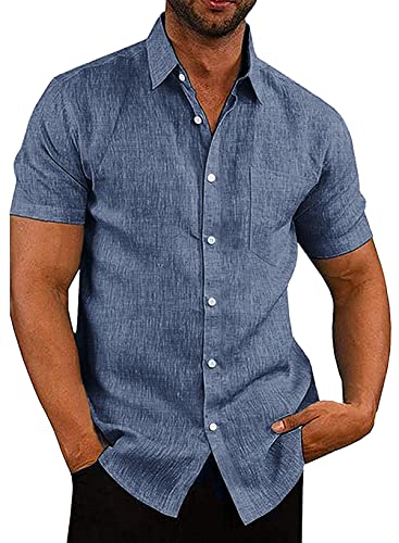 APOONABA Hemd Herren Freizeithemd Einfarbig Kurzarm Shirts Sommer Hemden für Herren Button down Baumwolle Western Bluse Strand T-Shirts Blau M von APOONABA