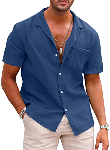 APOONABA Hemd Herren Kurzarm Leinenhemd Freizeithemd Leinen Hemden Casual Sommer Shirts Baumwolle Western Hemd Regular Fit Blau L von APOONABA