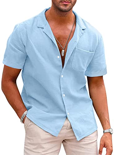 APOONABA Hemd Herren Kurzarm Leinenhemd Freizeithemd Leinen Hemden Casual Sommer Shirts Baumwolle Western Hemd Regular Fit Himmelblau XL von APOONABA