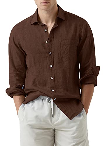 APOONABA Hemd Herren Leinenhemd Langarm Business Leinen Hemden Button Down Shirts Baumwolle Freizeithemd Regular Fit Western Shirt mit Tasche Frühling Sommer Herbst Braun M von APOONABA