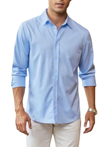APOONABA Herren Hemd Business Casual Langarm Hemd Elegant Einfarbig Freizeithemden Klassisch Formelle Businesshemd Western Shirts Regular Fit Frühling Sommer Herbst Himmelblau 2XL von APOONABA