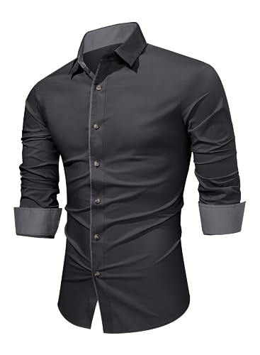 APOONABA Herren Hemd Business Hemden Langarm Freizeithemd Baumwolle Shirts Businesshemden Casual Langarmhemd Western Hemden Regular Fit Frühling Herbst Winter Grau M von APOONABA