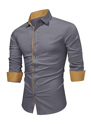 APOONABA Herren Hemd Business Hemden Langarm Freizeithemd Baumwolle Shirts Businesshemden Casual Langarmhemd Western Hemden Regular Fit Frühling Sommer Herbst Winter Grau 2XL von APOONABA