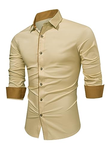 APOONABA Herren Hemd Business Hemden Langarm Freizeithemd Baumwolle Shirts Businesshemden Casual Langarmhemd Western Hemden Regular Fit Frühling Sommer Herbst Winter Khaki L von APOONABA