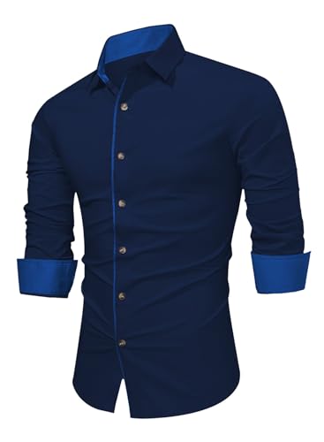 APOONABA Herren Hemd Freizeithemd Business Hemden Langarm Baumwolle Shirts Casual Langarmhemd Western Hemden Regular Fit Trachtenhemd Sommer Herbst Winter Blau 2XL von APOONABA