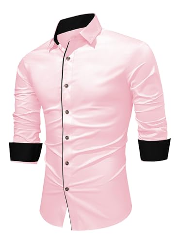 APOONABA Herren Hemd Freizeithemd Business Hemden Langarm Baumwolle Shirts Casual Langarmhemd Western Hemden Regular Fit Trachtenhemd Sommer Herbst Winter Rosa 2XL von APOONABA