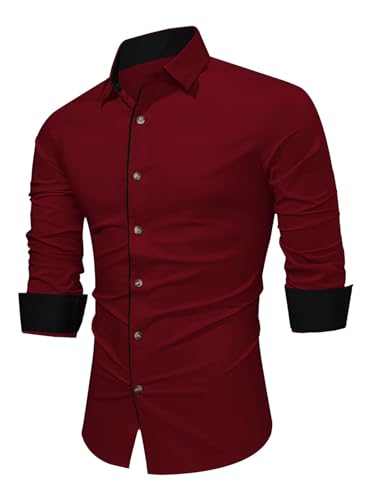 APOONABA Herren Hemd Freizeithemd Business Hemden Langarm Baumwolle Shirts Casual Langarmhemd Western Hemden Regular Fit Trachtenhemd Sommer Herbst Winter Rot 2XL von APOONABA