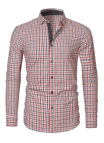 APOONABA Herren Hemd Kariertes Freizeithemd Business Hemden für Herren Langarm Baumwolle Shirts Klassisch Western Hemden Regular Fit Frühling Herbst Winter Sommer Rot 2XL von APOONABA