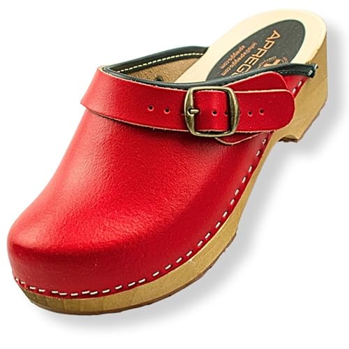 APREGGIO Damen Holz Clogs - Rot - Größe 38 - Bequeme Hausschuhe - Praktische Gartenclogs - Solid Holzschuhe von APREGGIO