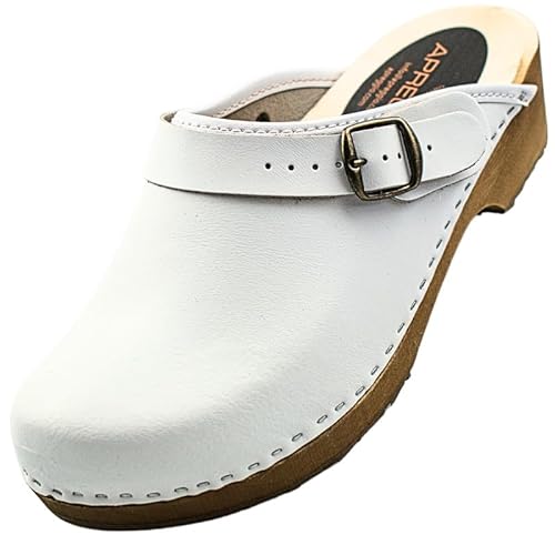 APREGGIO Damen Holz Clogs - Weiß - Größe 40 - Bequeme Hausschuhe - Praktische Gartenclogs - Solid Holzschuhe APREGGIO Damen Holz Clogs - Weiß - Größe 40 - Bequeme Hausschuhe - Praktische Gartenclogs - Solid Holzschuhe von APREGGIO
