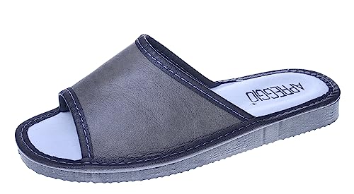 APREGGIO - Damen Hausschuhe aus Glattleder - Offene Spitze - Hüttenschuhe für Sommer - 100% Naturprodukt - Zum Hineinschlüpfen - Zarte Keilsohle - Grau - Größe 38 EU von APREGGIO