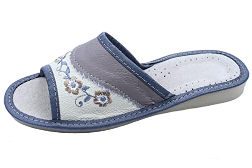 APREGGIO Damen Hausschuhe Leder – Größe 36 Grau - Bequeme Pantoffeln mit Gummisohle – Handgefertigte Slipper für Zuhause – Atmungsaktive Hausschlappen mit Blumenmuster von APREGGIO