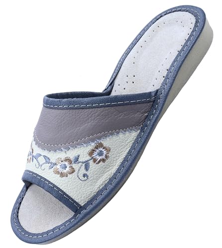 APREGGIO Damen Hausschuhe Leder – Größe 38 Grau - Bequeme Pantoffeln mit Gummisohle – Handgefertigte Slipper für Zuhause – Atmungsaktive Hausschlappen mit Blumenmuster von APREGGIO