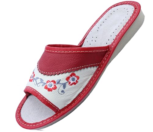 APREGGIO Damen Hausschuhe Leder – Größe 36 Rot - Bequeme Pantoffeln mit Gummisohle – Handgefertigte Slipper für Zuhause – Atmungsaktive Hausschlappen mit Blumenmuster von APREGGIO