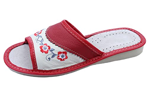 APREGGIO Damen Hausschuhe Leder – Größe 37 Rot - Bequeme Pantoffeln mit Gummisohle – Handgefertigte Slipper für Zuhause – Atmungsaktive Hausschlappen mit Blumenmuster von APREGGIO