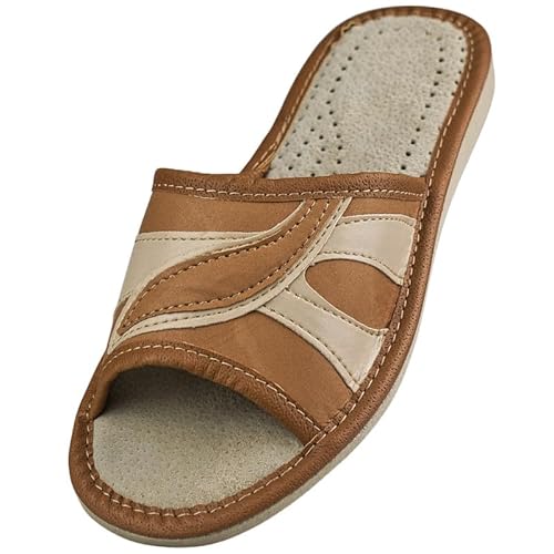 APREGGIO Damen Hausschuhe Pantoletten Braun-Beige - Leder Offen - Rutschfeste Sohle - Bequem 36 von APREGGIO