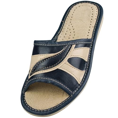 APREGGIO Damen Hausschuhe Pantoletten Marineblau-Beige - Leder Offen - Rutschfeste Sohle - Bequem 40 von APREGGIO
