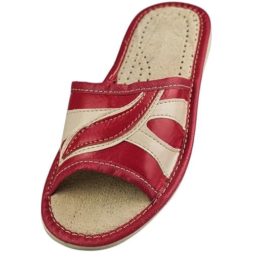 APREGGIO Damen Hausschuhe Pantoletten Rot-Beige - Leder Offen - Rutschfeste Sohle - Bequem 38 von APREGGIO