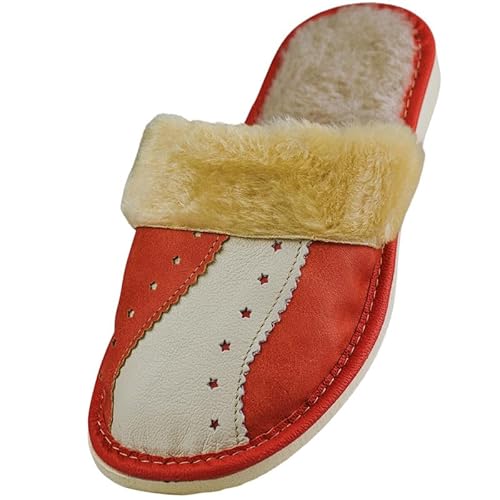 APREGGIO - Damen Hausschuhe Rot - Warme Pantoffeln aus Naturleder mit Lammwolle, Sternen-Muster & rutschfester Sohle - Bequeme Puschen für Zuhause - Gr. 39 von APREGGIO