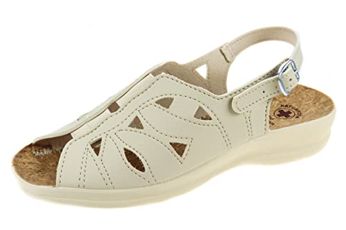 APREGGIO – Elegante Damen-Ledersandalen mit Knöchelverschluss – Glattleder – Korksohle – Sommerschuhe – Keilabsatz – Beige – Größe 36 EU von APREGGIO