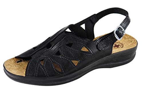 APREGGIO – Elegante Damen-Ledersandalen mit Knöchelverschluss – Glattleder – Korksohle – Sommerschuhe – Keilabsatz – Schwarz – Größe 37 EU von APREGGIO